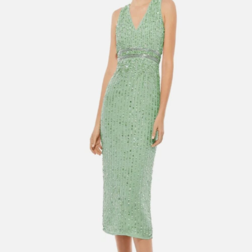 Mac Duggal 70267 Sequined Sleeveless V-Neck Midi Sheath Dress Sage Sz 8